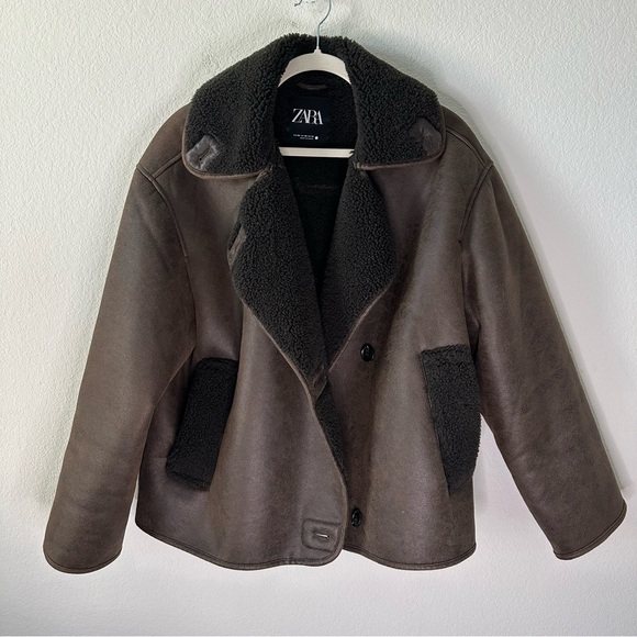 Zara Relaxed Double Faced Faux Shearling Brown Jacket SZ XS - Picture 7 of 8
